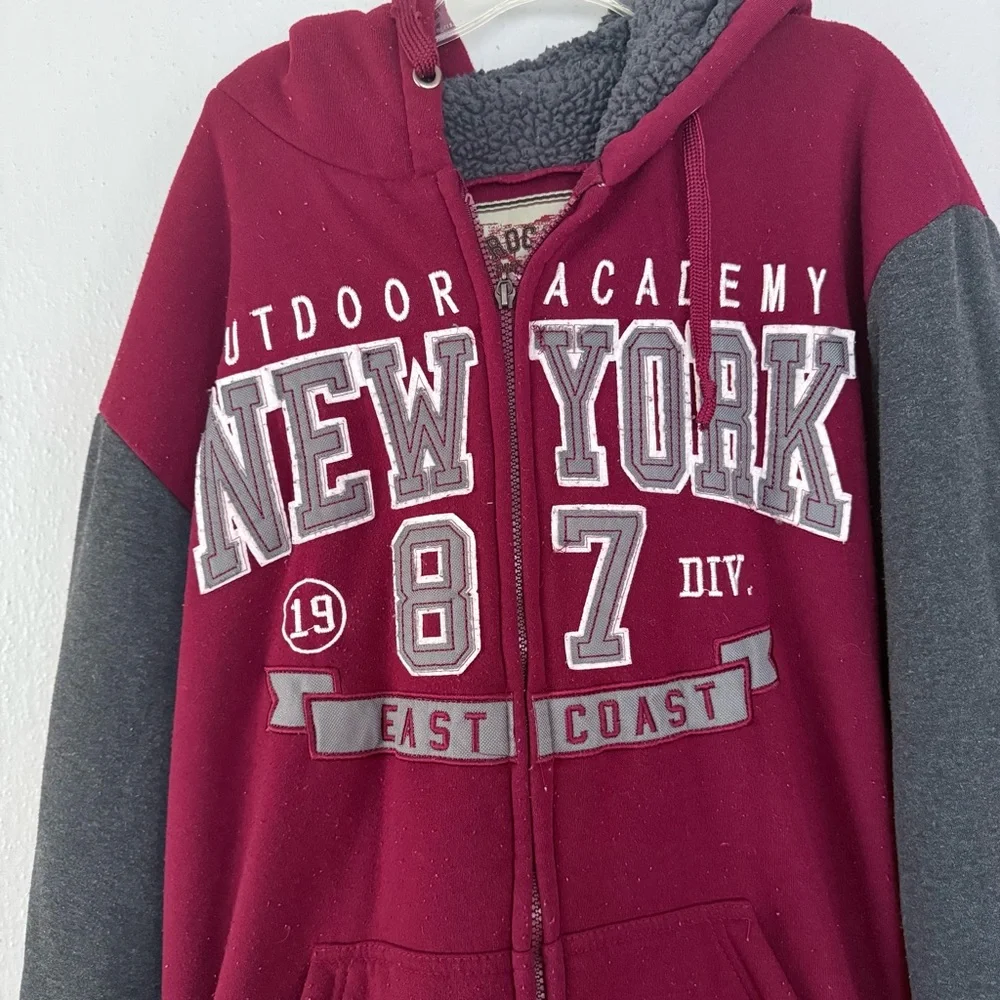 Rock Revolution Academic New York Burgundy Fleece-Lined Jacket HOODIE Sz L
